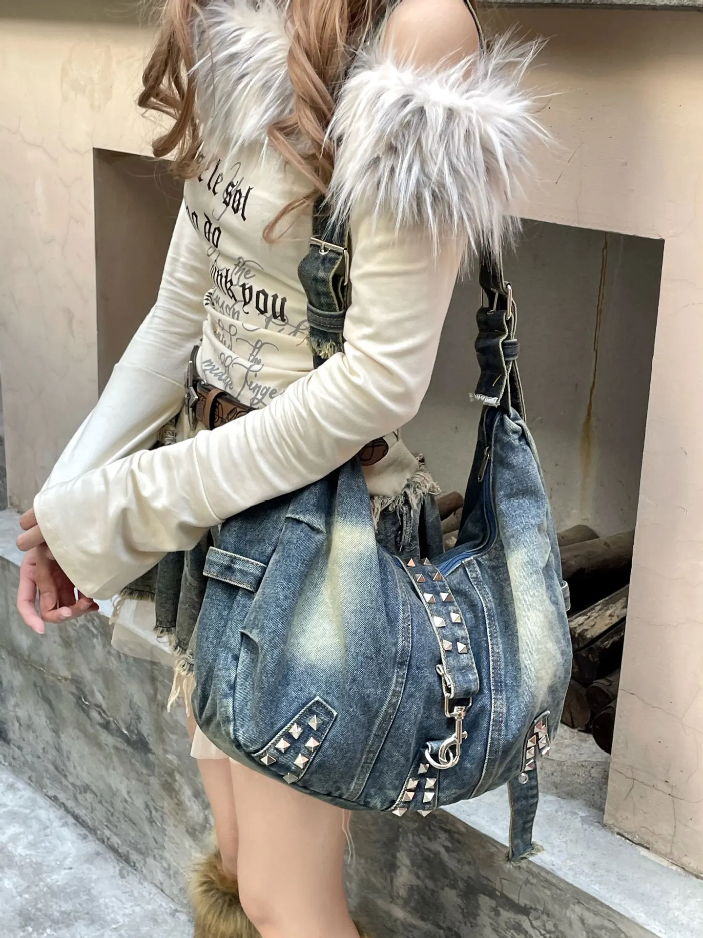 Women Bags Jeans - Bolso de hombro con remaches de